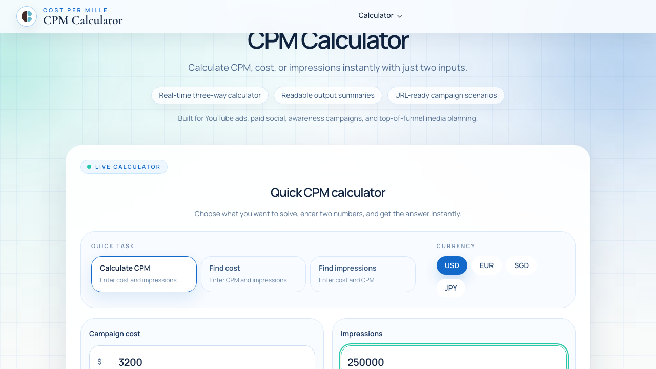 How to calculate CPM by entering cost and impressions in the CPM calculator.